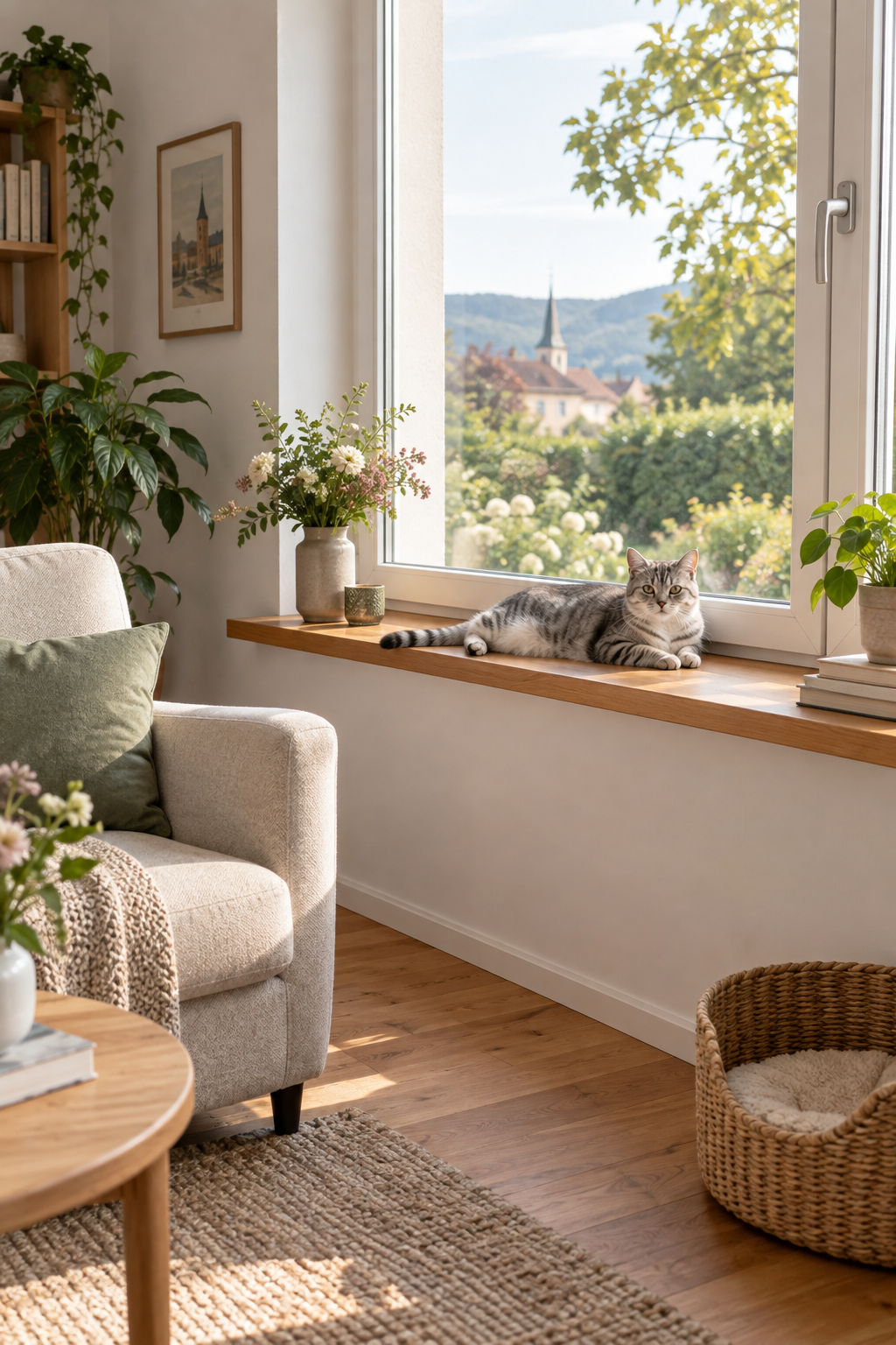 Katze auf einer breiten Fensterbank in einem hellen Raum