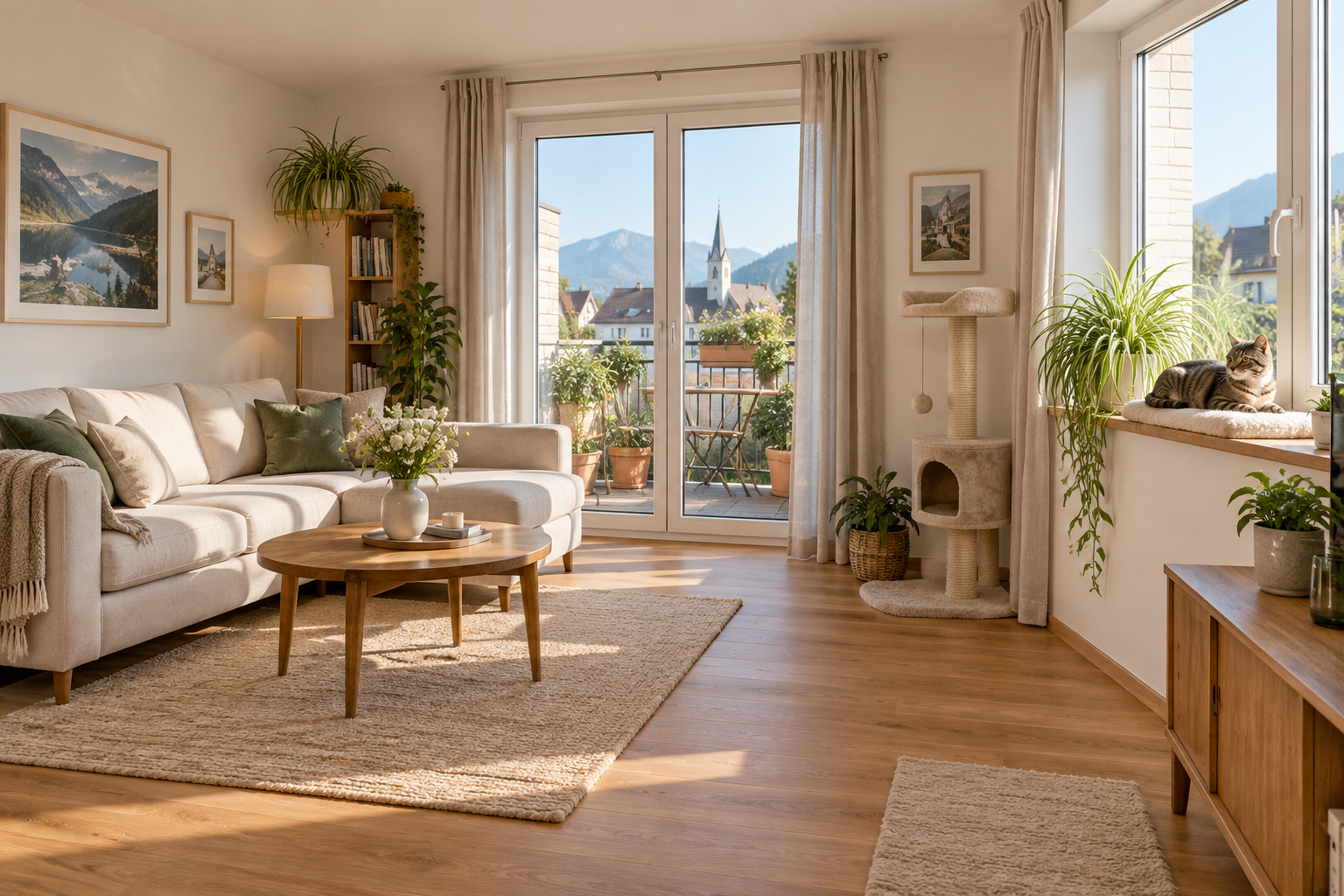 Heller Wohnraum mit Pflanzen, Balkon und Katze